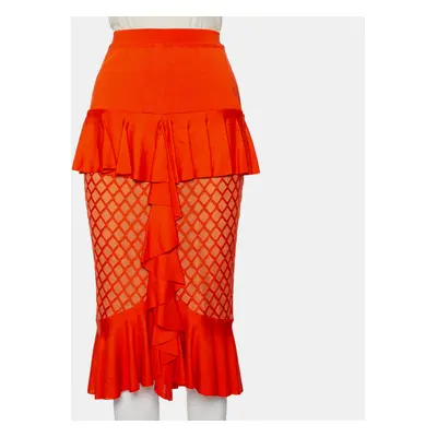 Balmain Orange Knit Ruffled Midi Skirt