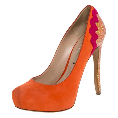 Nicholas Kirkwood Orange Suede And Coarse Glitter Heel Platform Pumps Size