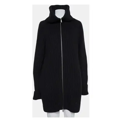 Haider Ackermann Black Wool Knit Collared Zip Front Oversized Long Cardigan