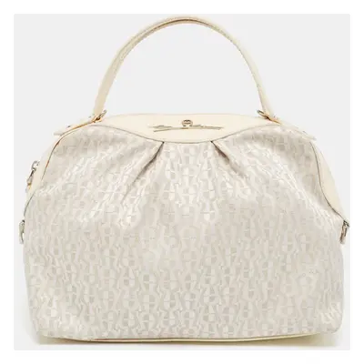 Aigner White/Cream Monogram Canvas and Patent Leather Logo Satchel