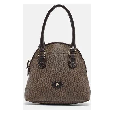 Aigner Dark Brown Monogram Coated Canvas and Leather Zip Satchel