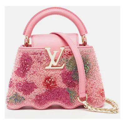 Louis Vuitton Pink Embroidered Satin Capucines Capushell Mini Bag