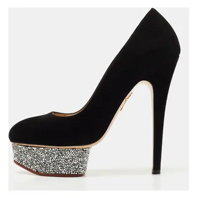 Charlotte Olympia Black Suede Crystal Embellished Dolly Platform Pumps Size 37.5