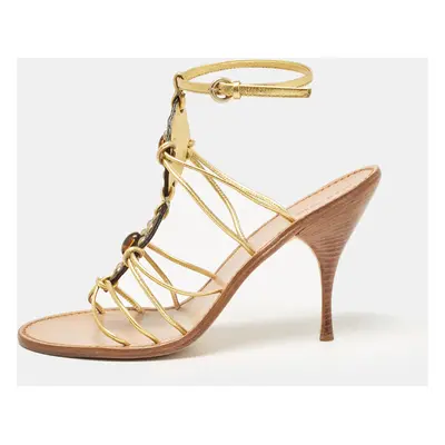 Miu Miu Gold Leather Crystal Embellished Ankle Strap Sandals Size 38.5