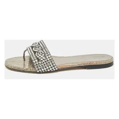 Gina Grey Croc Embossed Patent and Leather Crystal Embellished Flat Slides Size