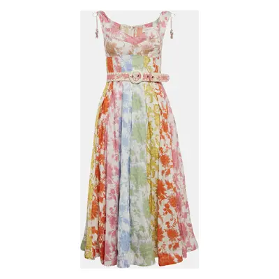 Zimmermann Multicolor Floral Print Linen Belted Midi Dress