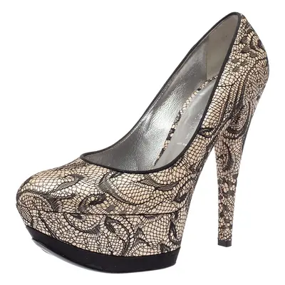 Casadei Beige/Black Lace And Satin Round Toe Platform Pumps Size