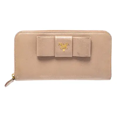 Prada Beige Saffiano Leather Bow Zip Around Wallet