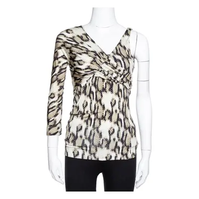 Just Cavalli Khaki Snake Print Jersey Draped Asymmetrical Top