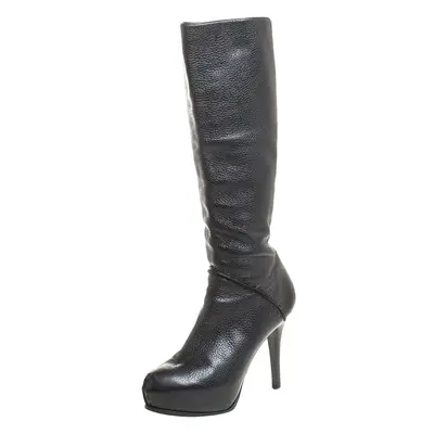 Fendi Black Textured Leather Mid Calf Platform Boots Size 38.5