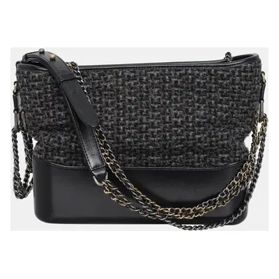 Chanel Black/ Grey Tweed Calfskin Medium Gabrielle Hobo Bag