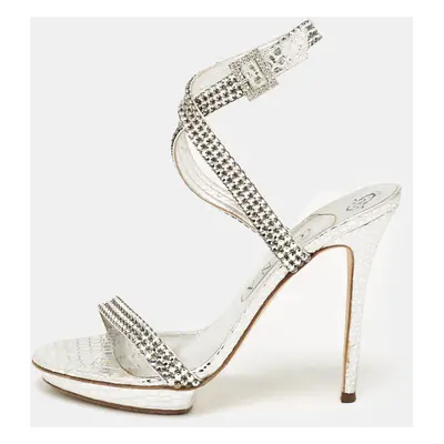 Gina Grey Leather Crystal Embellished Ankle Strap Sandals Size