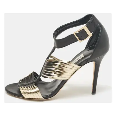 Jimmy Choo Black/Gold Leather Ankle Strap Sandals Size