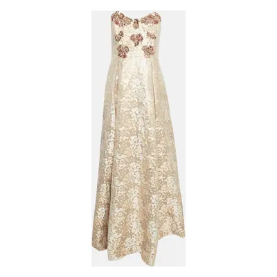 Badgley Mischka Rose Gold Floral Motif Brocade Sequin Detail Strapless Gown