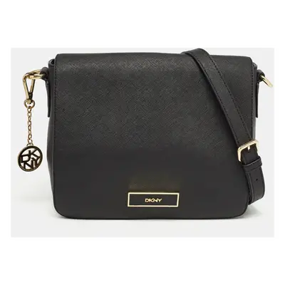 DKNY Black Leather Logo Flap Shoulder Bag