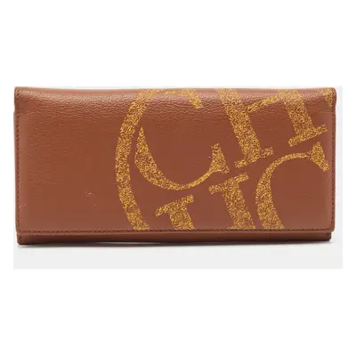 Carolina Herrera Brown Leather Logo Print Continental Wallet