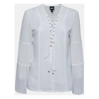 Just Cavalli White Crepe Lace-Up Detail Flute Sleeve Blouse