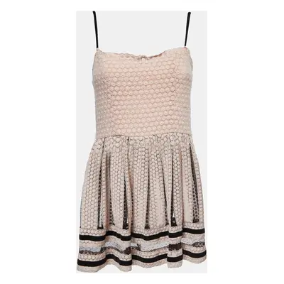 RED Valentino Pink/Black Lace Velvet Trimmed Strappy Mini Dress