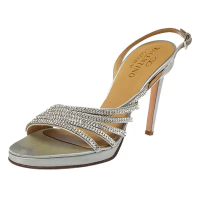 Valentino Light Grey Satin Crystal Embellished Slingback Sandals Size 39.5