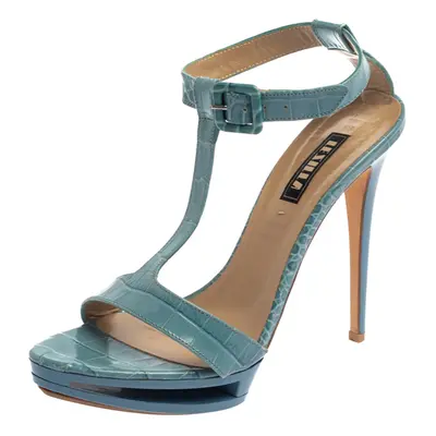 Le Silla Blue Croc Embossed Leather Embossed T-Strap Platform Sandals Size