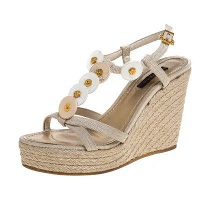 Louis Vuitton Beige Canvas Medallion Leather Detail Espadrille Wedge Platform Sandals Size