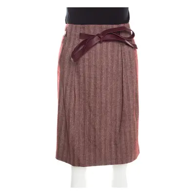 Escada Burgundy Herringbone Wool and Silk Knotted Leather Belt Detail Skirt