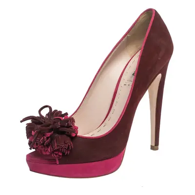 Miu Miu Red/Pink Suede Tassel Detail Peep Toe Platform Pumps Size 38.5