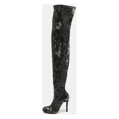 Christian Louboutin Black Sequins Louise Thigh High Boots Size 37.5