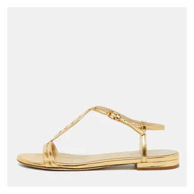 Bottega Veneta Gold Leather Ankle Strap Flat Sandals Size