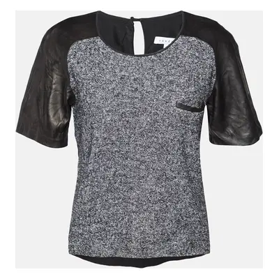 Sandro Black Terry & Leather Short Sleeve Blouse