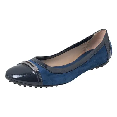 Tod's Blue Suede And Patent Leather Embellished Cap Toe Ballet Flats Size