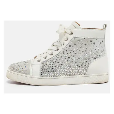 Christian Louboutin White/Grey Leather Crystal Embellished High Top Sneakers Size