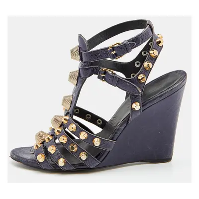 Balenciaga Navy Blue Leather Arena Studded Gladiator Wedge Sandals Size