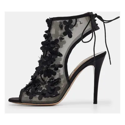 Valentino Black Mesh Floral Applique Ankle Tie Sandals Size