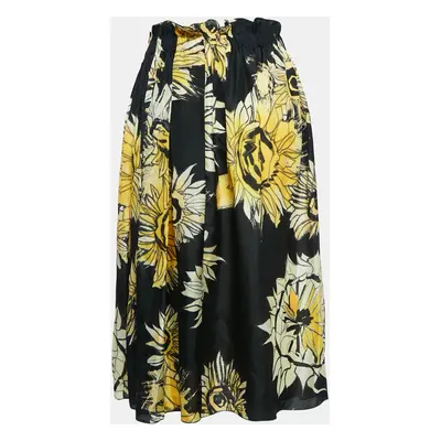 Nº21 Black Floral Print Silk Gathered Midi Skirt