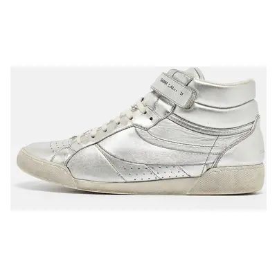 Saint Laurent Silver Foil Leather Perforated High Top Sneakers Size 43.5