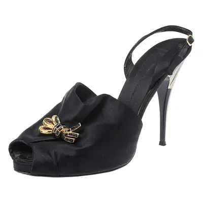 Giuseppe Zanotti Black Satin Bow Crystal Embellished Slingback Sandals Size