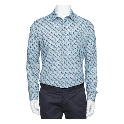 Kenzo Light Blue Fish Print Cotton Long Sleeve Slim Fit Shirt