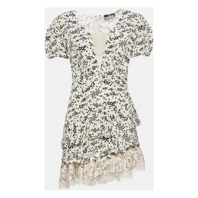 Elisabetta Franchi Cream Floral Print Lace Trim Crepe Tiered Mini Dress