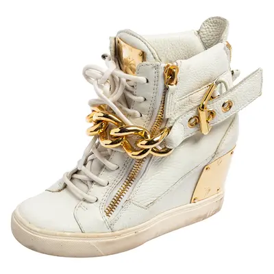 Giuseppe Zanotti White Leather Chain Detail High-Top Sneakers Size 36.5