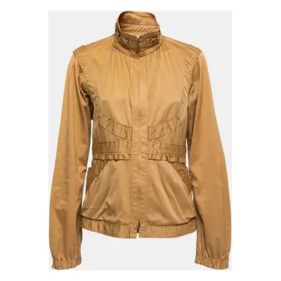 Yves Saint Laurent Tan Brown Cotton Ruffled Zip-Up Jacket