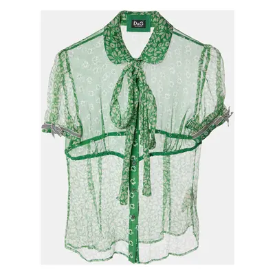 D&G Green Floral Printed Silk Neck Tie Detail Top