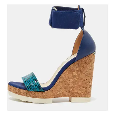 Jimmy Choo Blue Python and Leather Neston Cork Platform Wedge Sandals Size