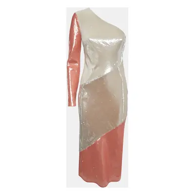 Diane Von Furstenberg Off-White/Light Orange Sequined Silk One Shoulder Midi Dress