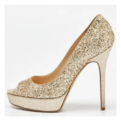 Jimmy Choo Gold Glitter Dahlia Platform Peep Toe Pumps Size