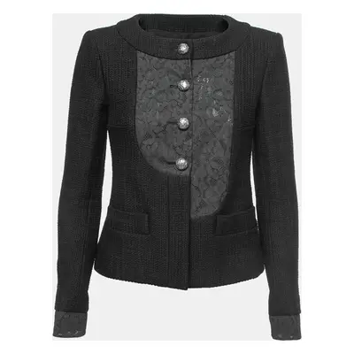 Chanel Black Cotton & Lace Button Front Collarless Jacket