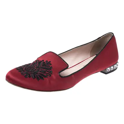 Miu Miu Red Satin Embroidered Crystal Studded Smoking Slippers Size 38.5