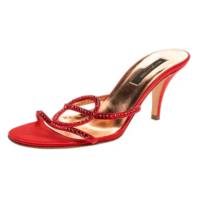 Sergio Rossi Red Satin Crystal Embellished Slip On Sandals Size 37.5