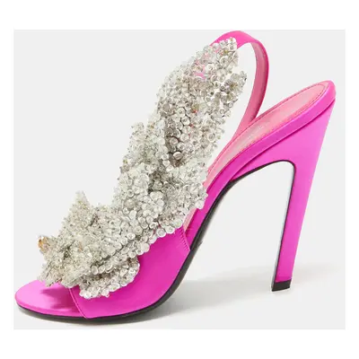 Balenciaga Pink Satin Embellished Slingback Sandals Size