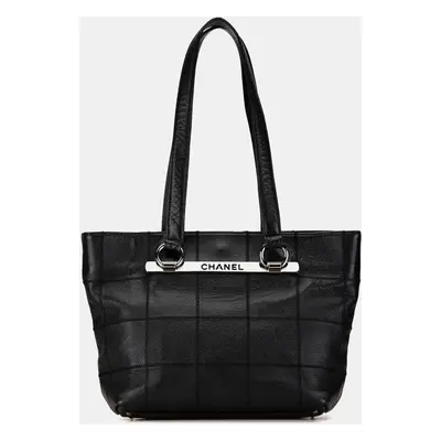 Chanel Black Leather Choco Bar Tote Bag